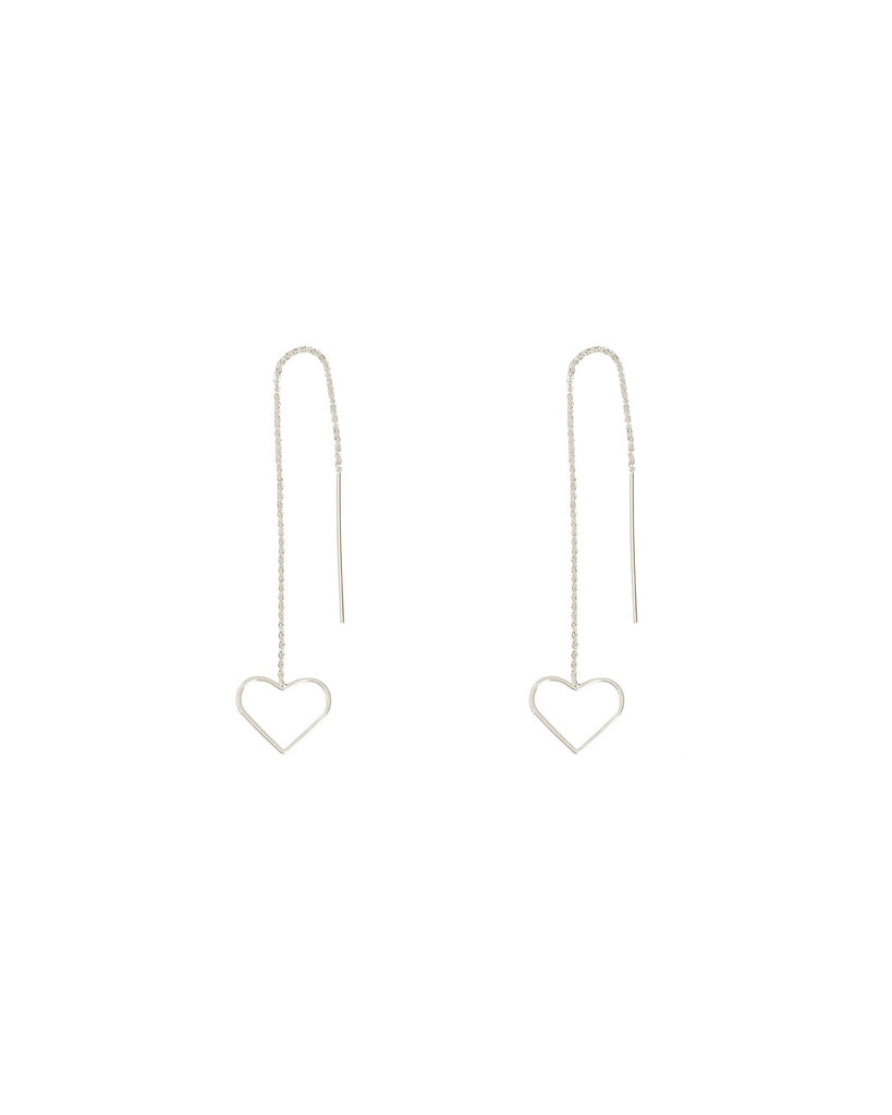 Silver Tone Fine Heart Drop Chain Earrings