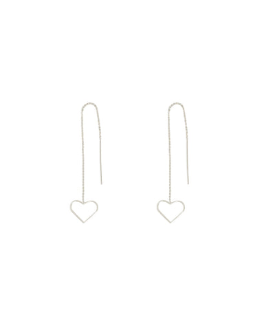 Silver Tone Fine Heart Drop Chain Earrings