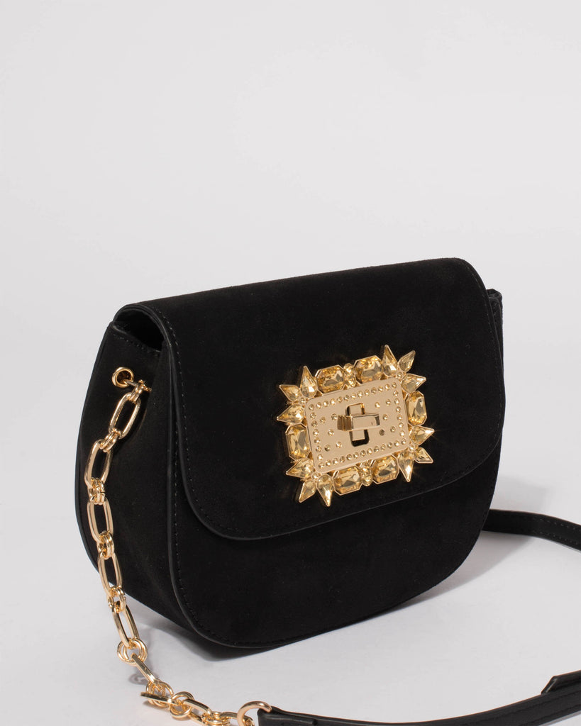 Black Embellished Saddle Crossbody Bag