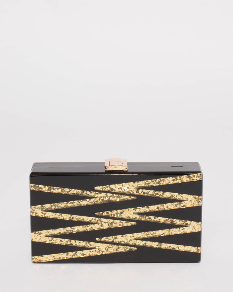 Black And Gold Mia Zig-Zag Hardcase Clutch Bag