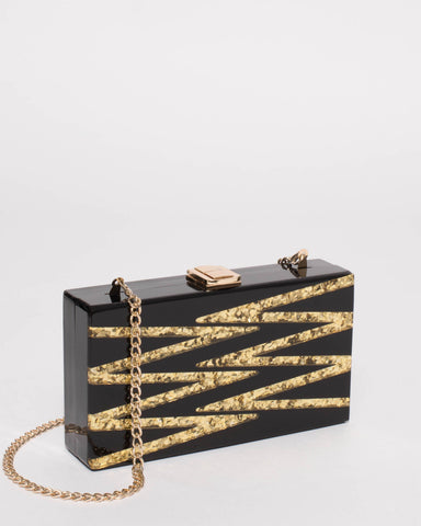 Black And Gold Mia Zig-Zag Hardcase Clutch Bag