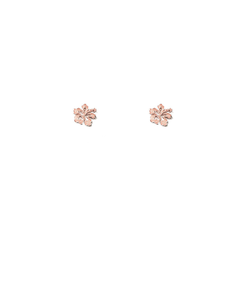 Pink Rose Gold Tone Hibiscus Flower Stud Earrings