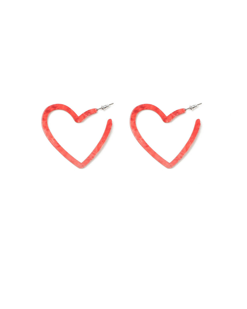 Red Silver Tone Acrylic Heart Hoop Earrings