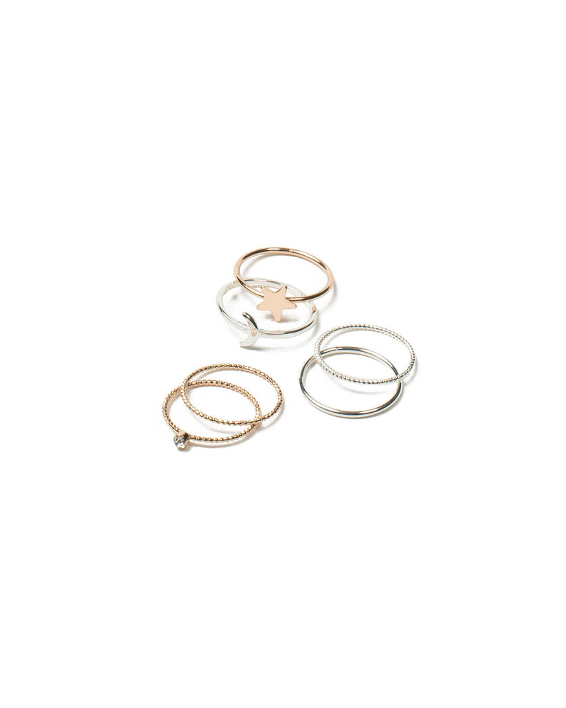Silver Gold Tone Star Moon Fine Ring Pack - Small