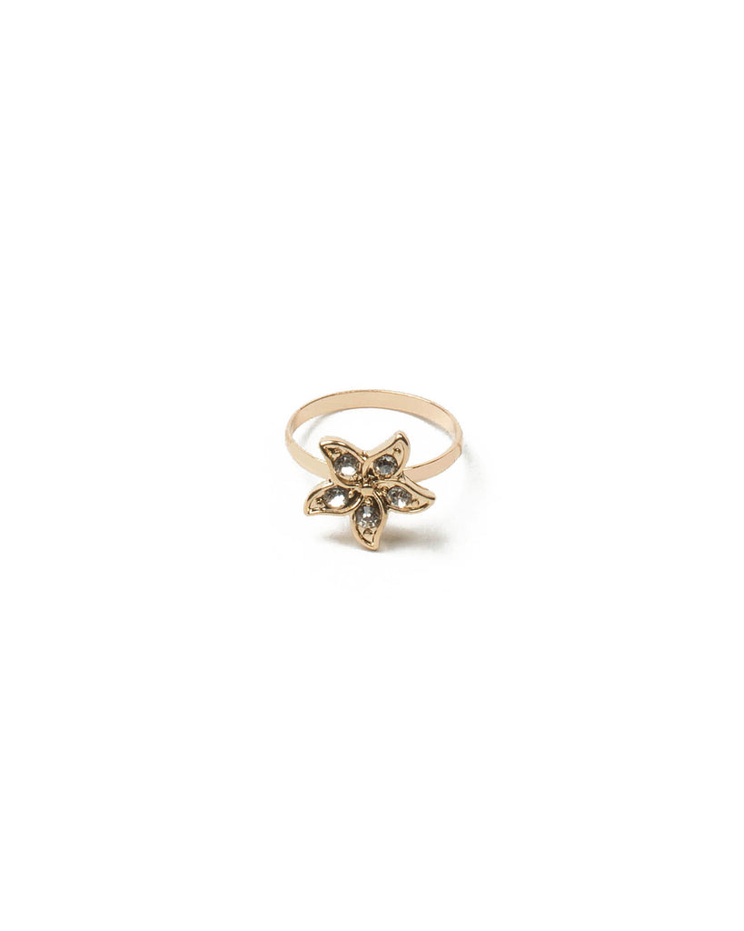 Gold Tone Diamante Flower Fine Ring - Large