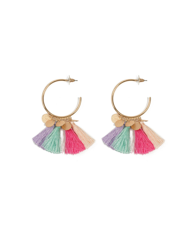 Multi Colour Gold Tone Disk Tassel Hoop Earrings