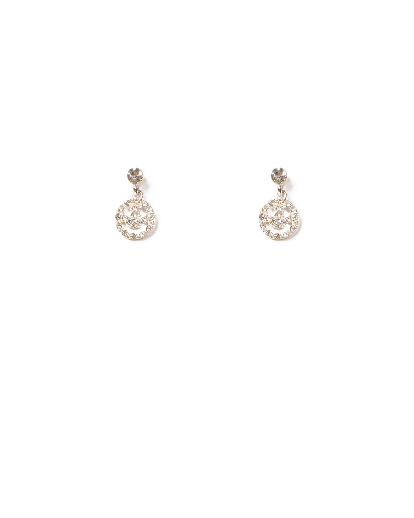 Crystal Silver Tone Mini Diamante Statement Smiley Face Earrings