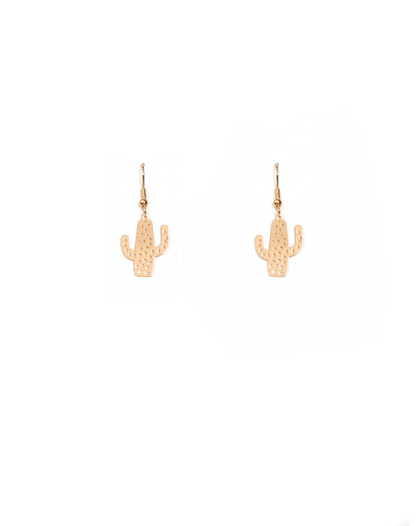 Gold Tone Fine Metal Cactus Drop Earrings