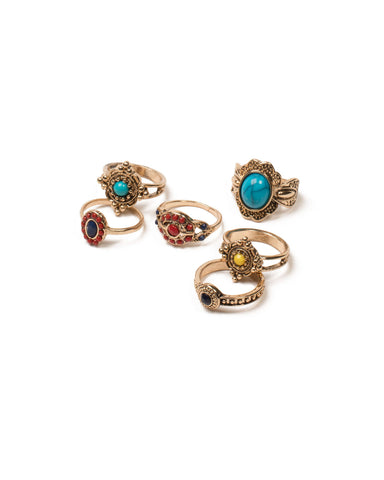 Multi Colour Antique Gold Tone Cocktail Ring Pack - Large