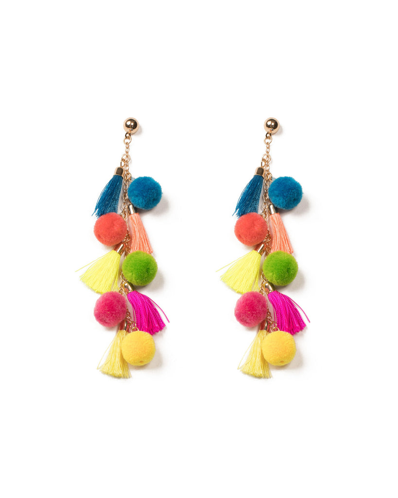 Multi Colour Gold Tone Pom Pom With Tassel Drop Earrings