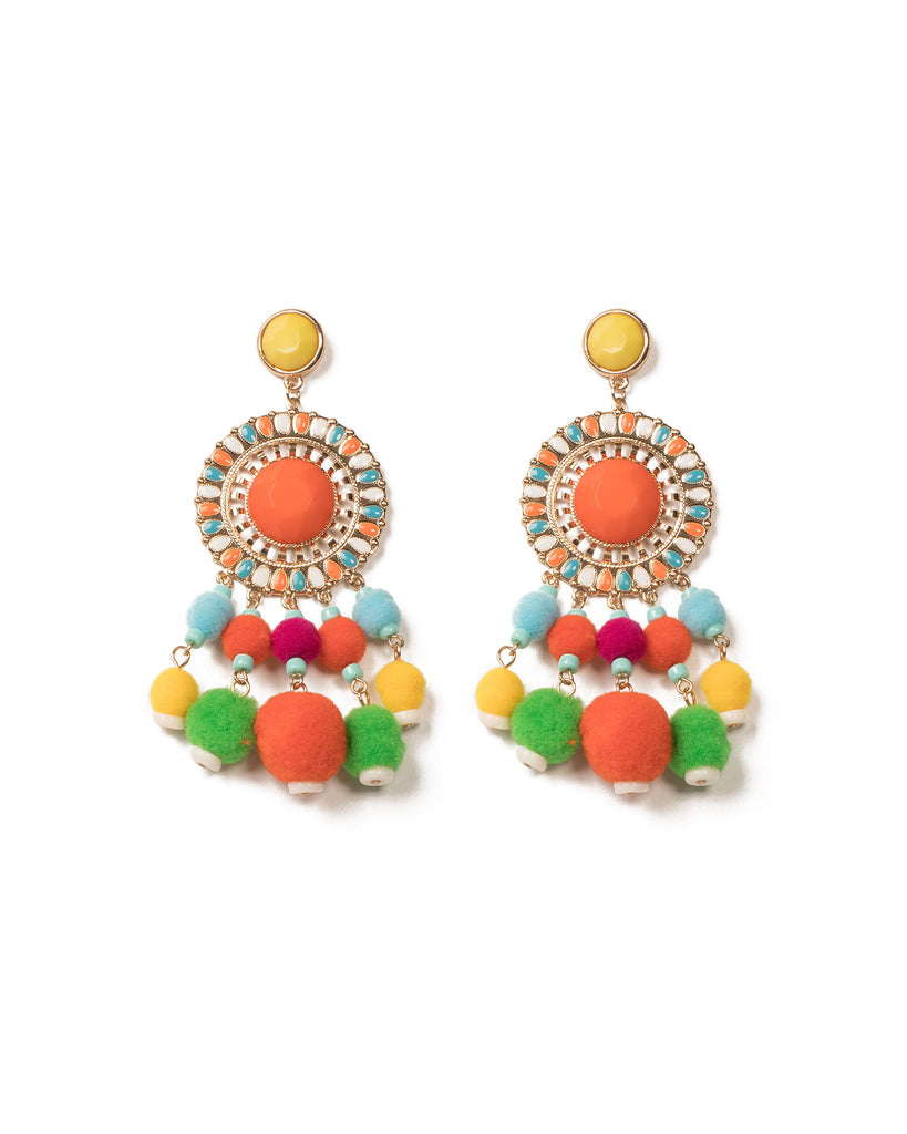 Multi Colour Gold Tone Fun Filigree Pom Pom Earrings