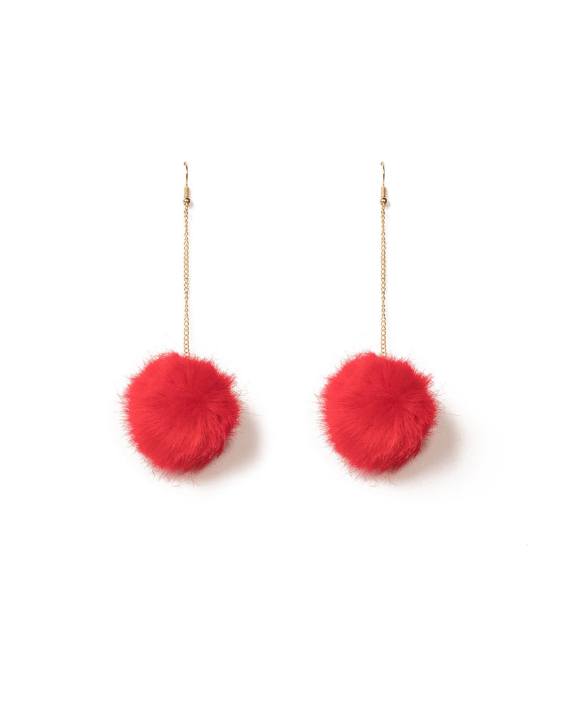 Red Gold Tone Pom Pom Chn Earrings