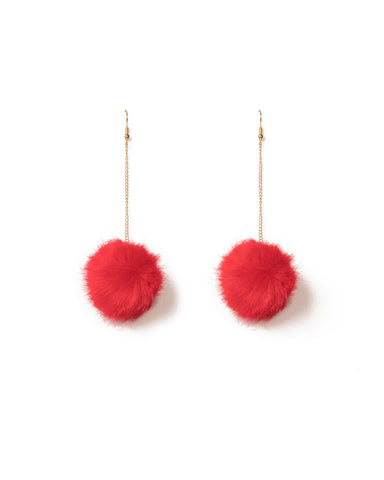 Red Gold Tone Pom Pom Chn Earrings