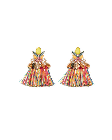 Multi Colour Gold Tone Stone Multi Tassel Disc Earrings