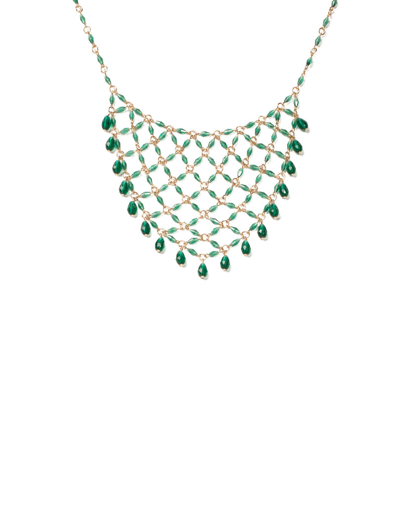 Green Gold Tone Beaded Net Necklace