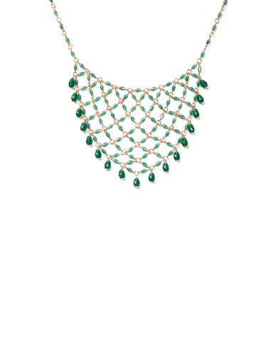 Green Gold Tone Beaded Net Necklace