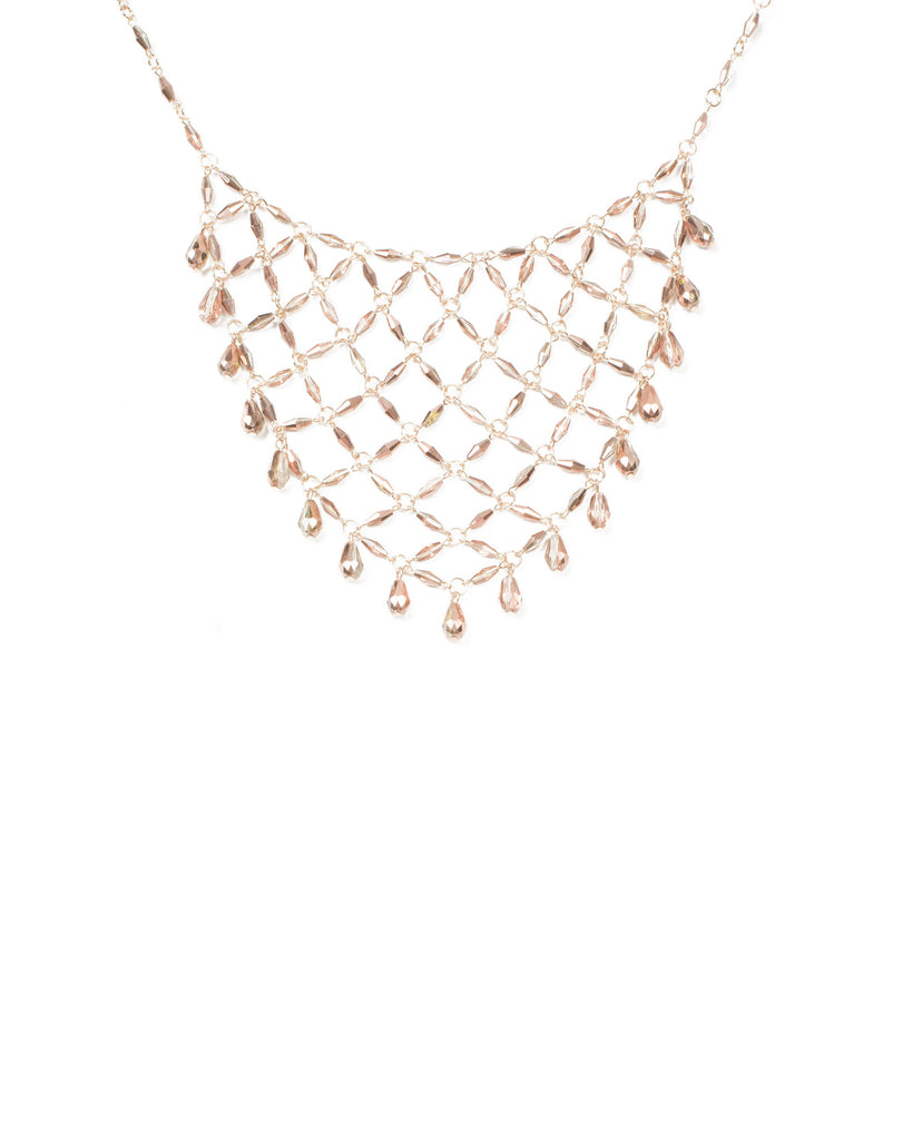 Pink Gold Tone Beaded Net Necklace