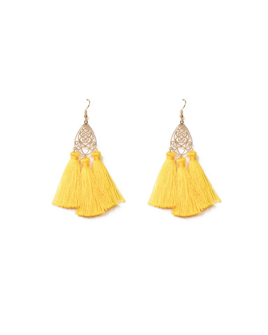 Yellow Gold Tone Filigree Tassel Statement Earrings