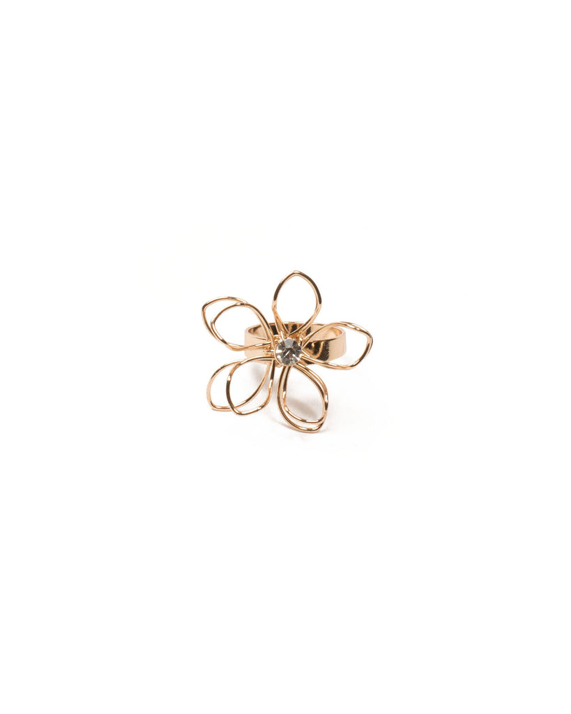 Crystal Gold Tone Metal Flower Cocktail Ring - Large