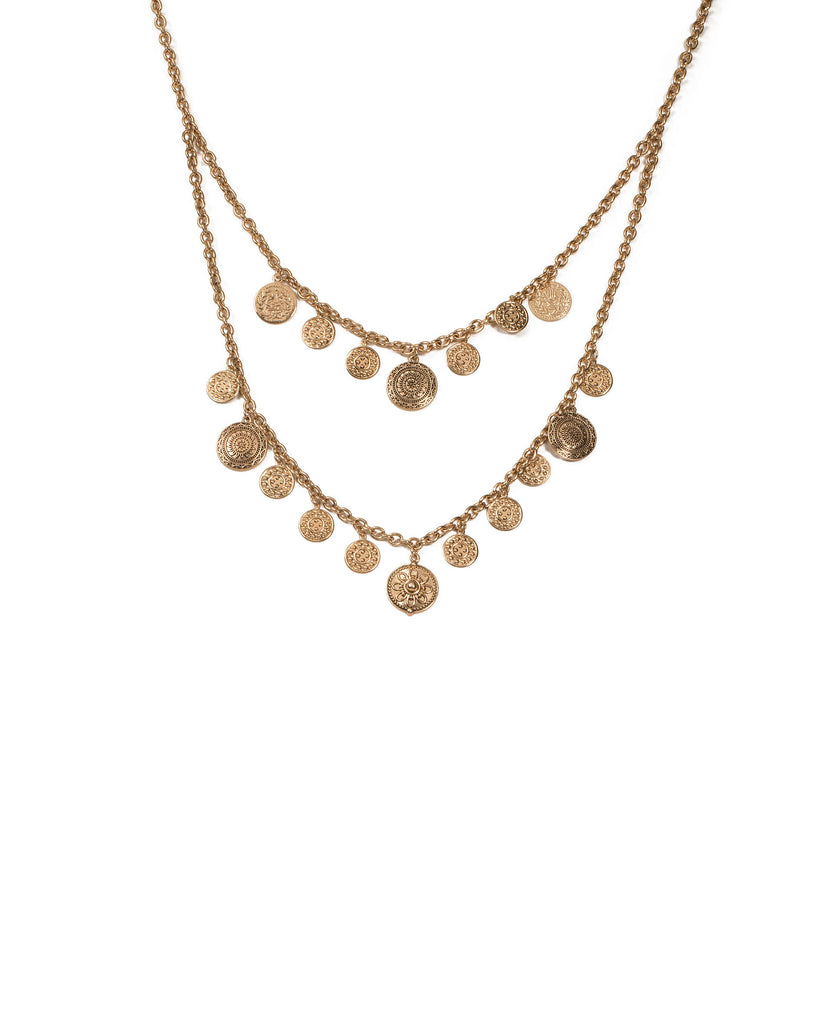 Gold Tone Coin Layered Drop Necklace