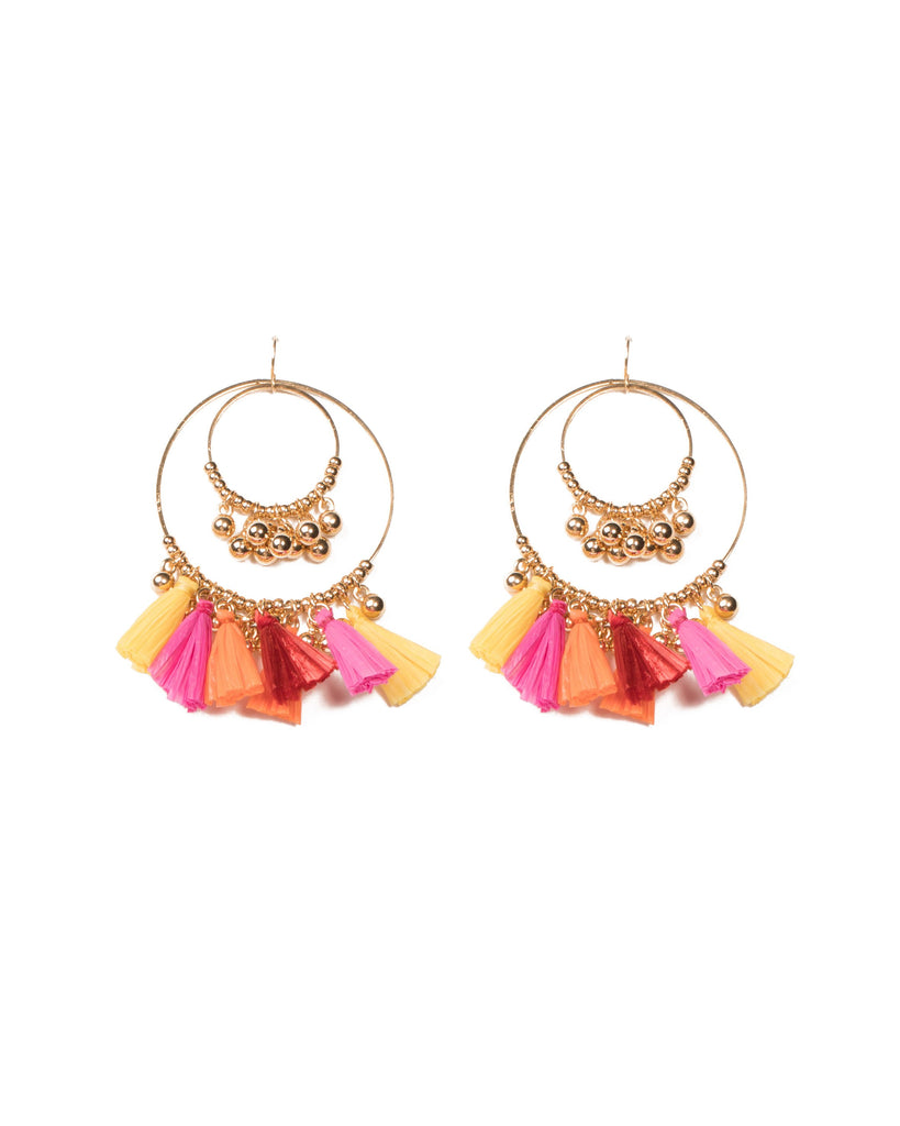 Multi Colour Gold Tone Raffia Tassel Drop Statement Earrings