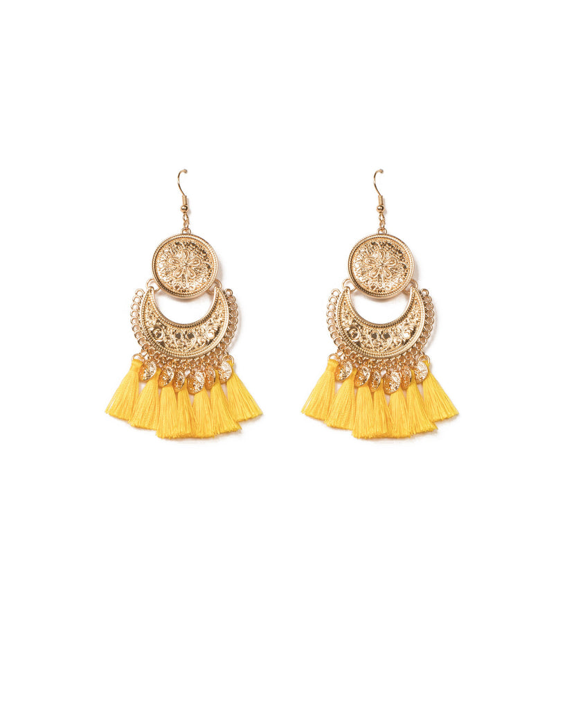 Yellow Gold Tone Detailed Drop Metal Disk Statement Earrings