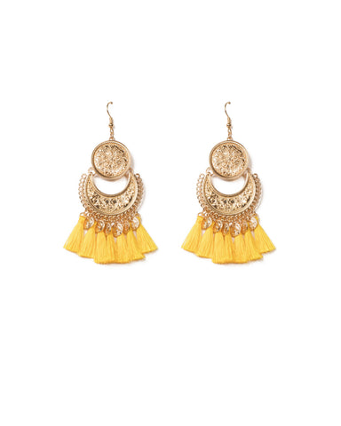 Yellow Gold Tone Detailed Drop Metal Disk Statement Earrings