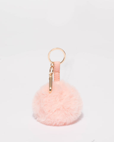 Pink Pom Pom Plain Key Ring With Gold Hardware