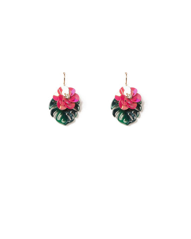 Green Gold Tone Mini Acrylic Leaf Statement Earrings