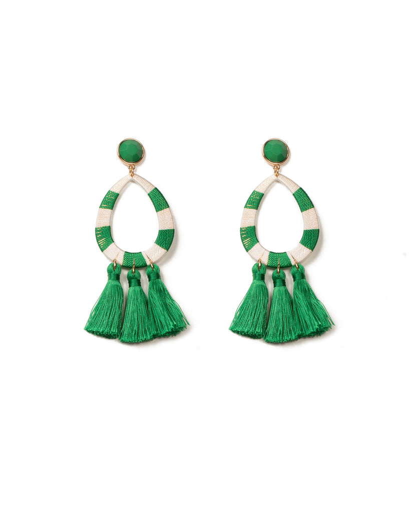 Green Gold Tone Fabric Wrap Tassel Statement Earrings