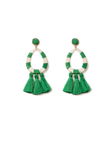 Green Gold Tone Fabric Wrap Tassel Statement Earrings
