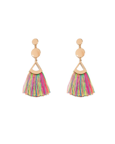 Multi Colour Gold Tone Flat Disc Drop Tassel Earrings