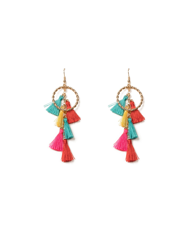 Multi Colour Gold Tone Ring Tassel Drop  Statement Earrings