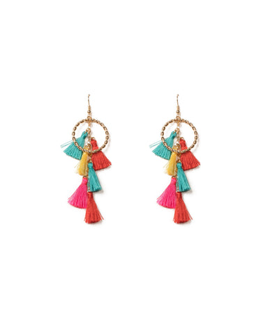 Multi Colour Gold Tone Ring Tassel Drop  Statement Earrings