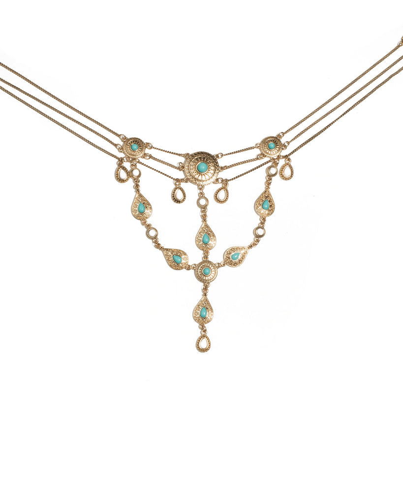 Blue Gold Tone Fine Filigree Boho Statement Necklace