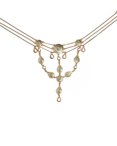 Blue Gold Tone Fine Filigree Boho Statement Necklace