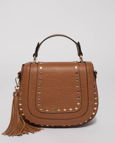 Tan Mila Stud Saddle Crossbody Bag