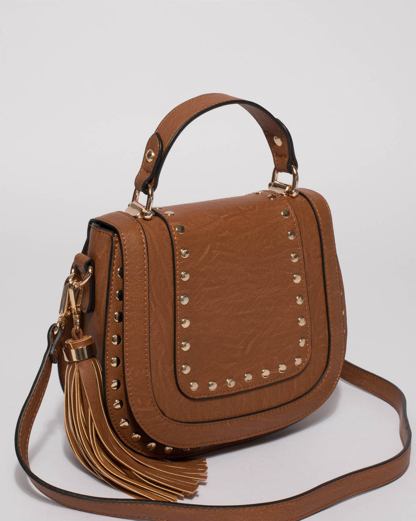 Tan Mila Stud Saddle Crossbody Bag