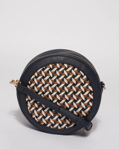 Navy Ashley Weave Round Crossbody Bag