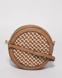 Caramel Ashley Weave Round Crossbody Bag
