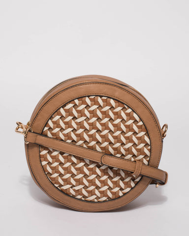 Caramel Ashley Weave Round Crossbody Bag