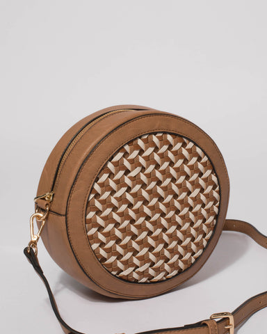 Caramel Ashley Weave Round Crossbody Bag