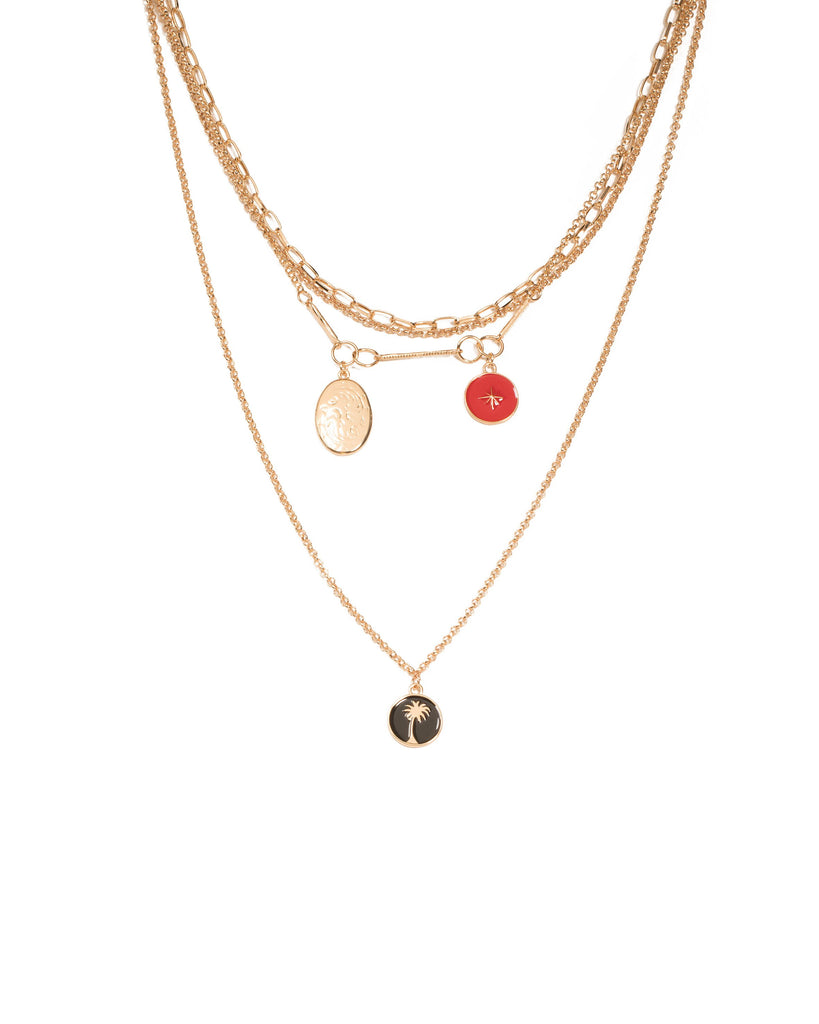 Red Gold Tone Enamal Pendant Chain Layer Necklace