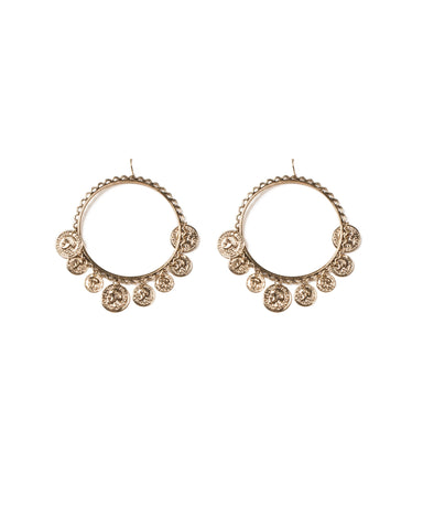 Antique Gold Tone Coin Hoop Drop Statement Earrings