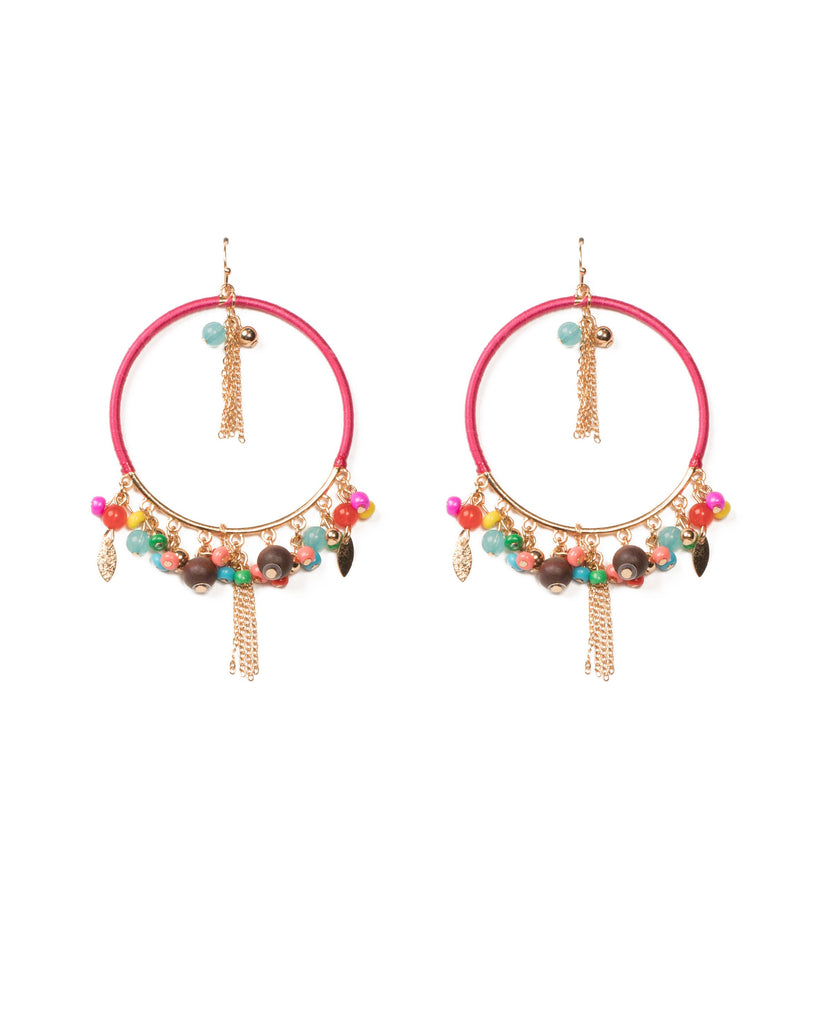 Pink Gold Tone Beaded Hoop Drop Statement Earrings