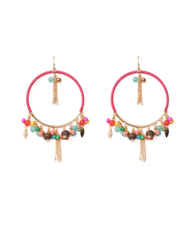 Pink Gold Tone Beaded Hoop Drop Statement Earrings