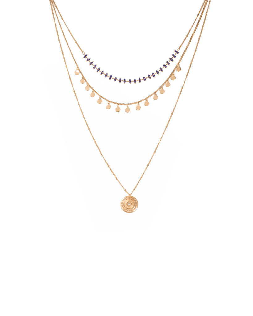 Blue Gold Tone Bead And Filigree Layer Necklace
