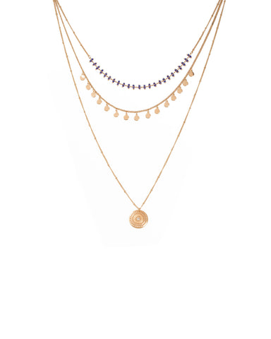 Blue Gold Tone Bead And Filigree Layer Necklace