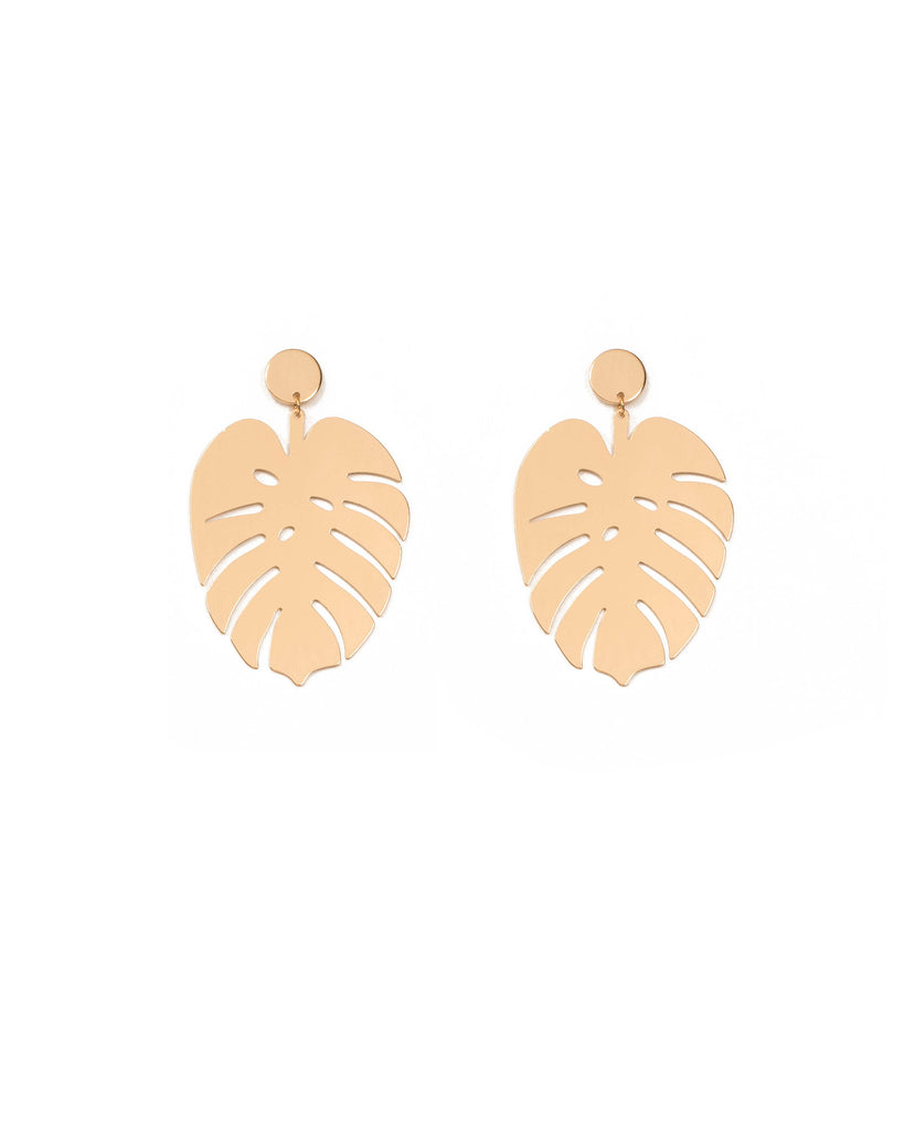 Gold Tone Metal Leaf Drop Statement Earrings