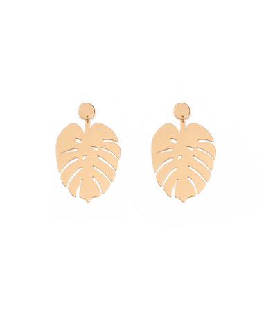Gold Tone Metal Leaf Drop Statement Earrings